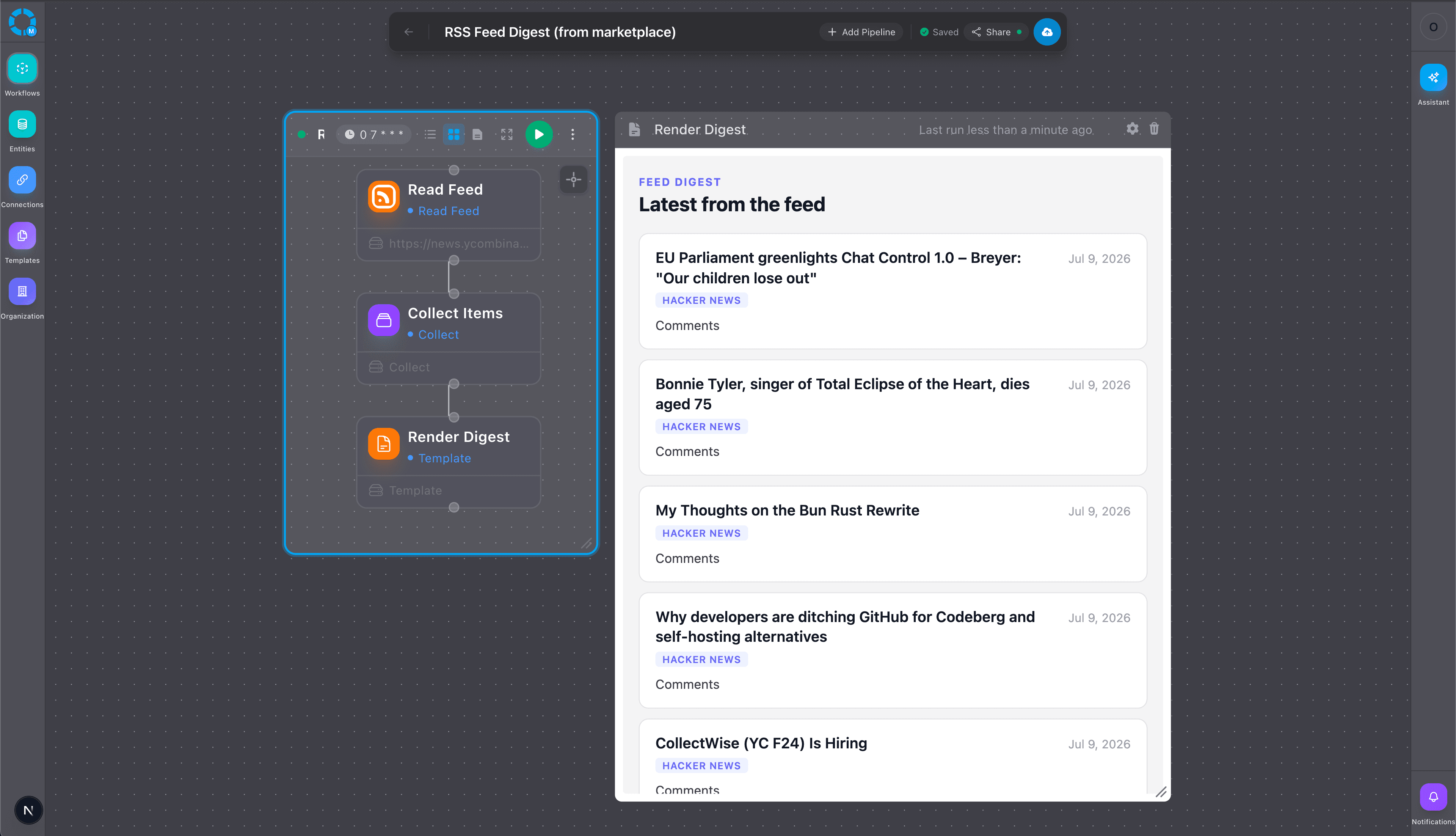 The RSS Feed Digest template on the Flywheel canvas: a pipeline that reads a Hacker News feed, collects the items, and renders a digest, beside the Render Digest widget listing the latest posts with their source and date