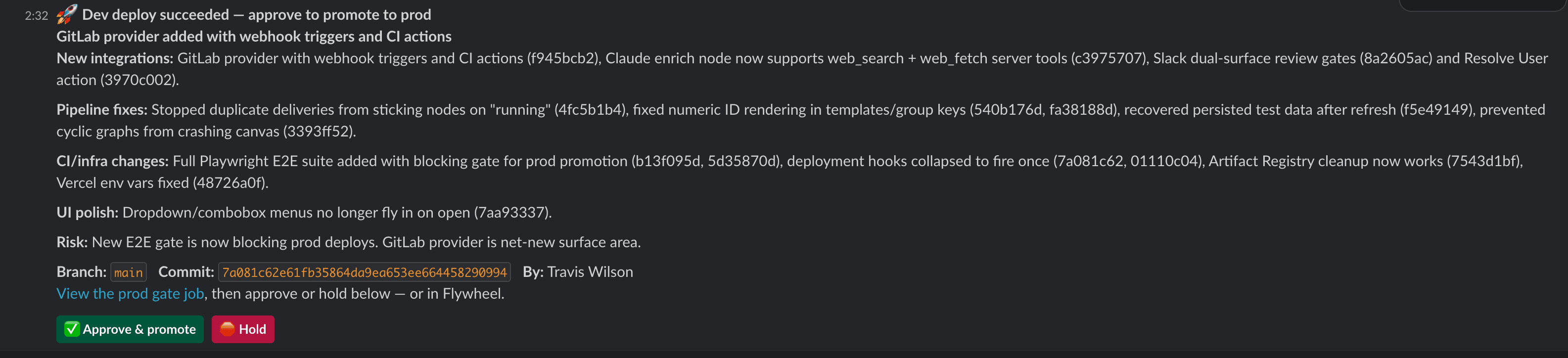 The deploy-gate approval message in Slack: an AI-written changelog of what's about to ship, the branch and commit, who deployed, and Approve & promote / Hold buttons