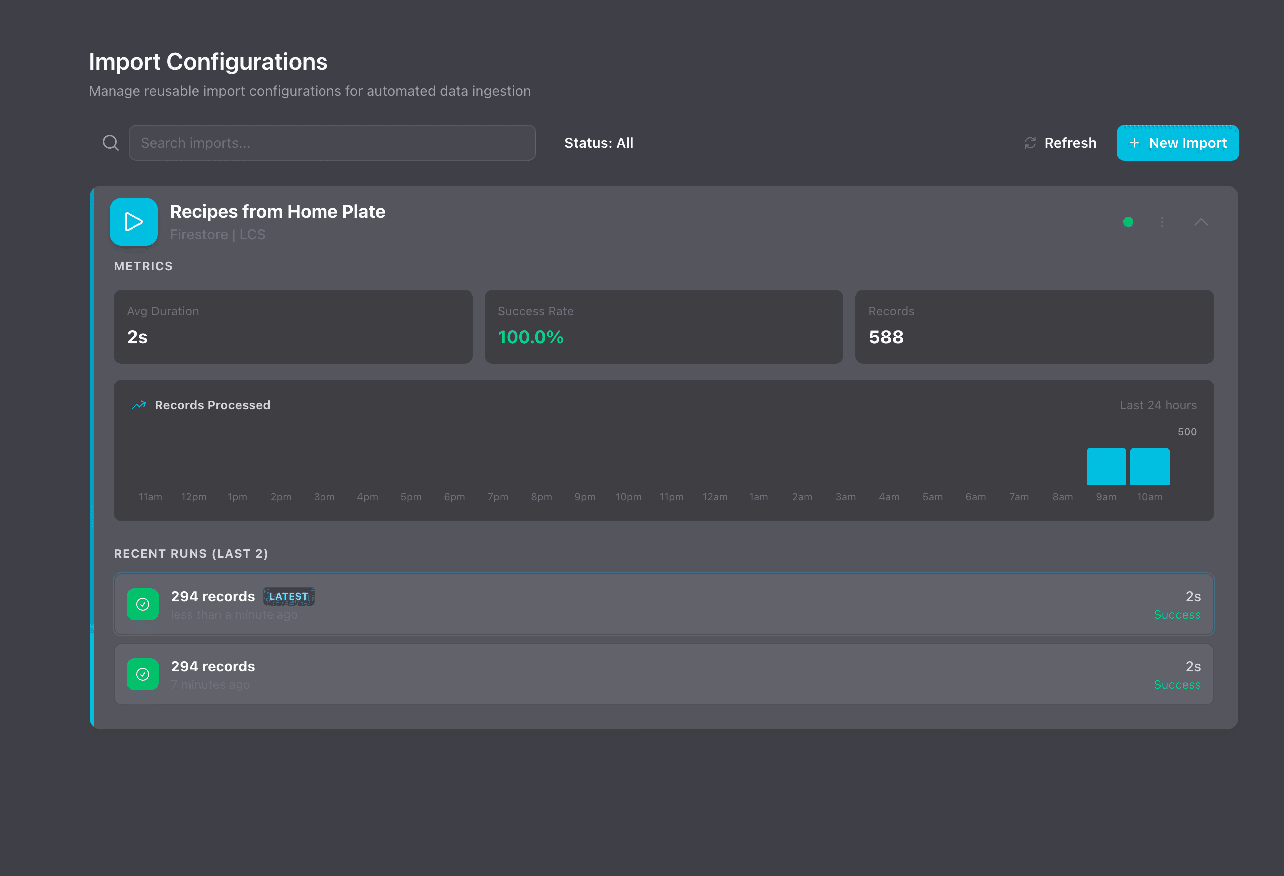 Expanded import card showing detailed metrics: average duration, success rate, records processed chart, and recent runs