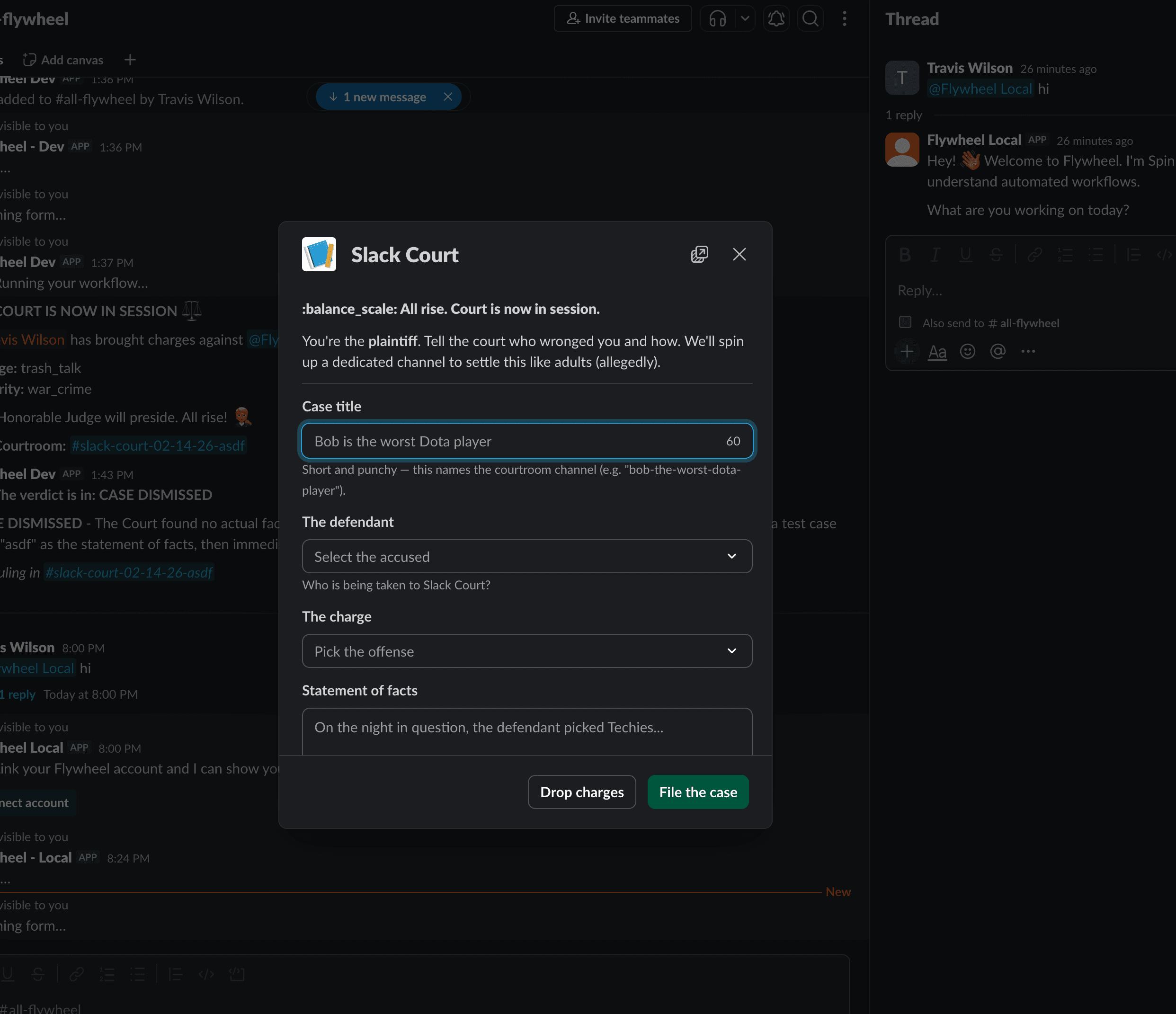 The Slack Court Block Kit form open inside Slack, with fields for case title, defendant, charge, and statement of facts