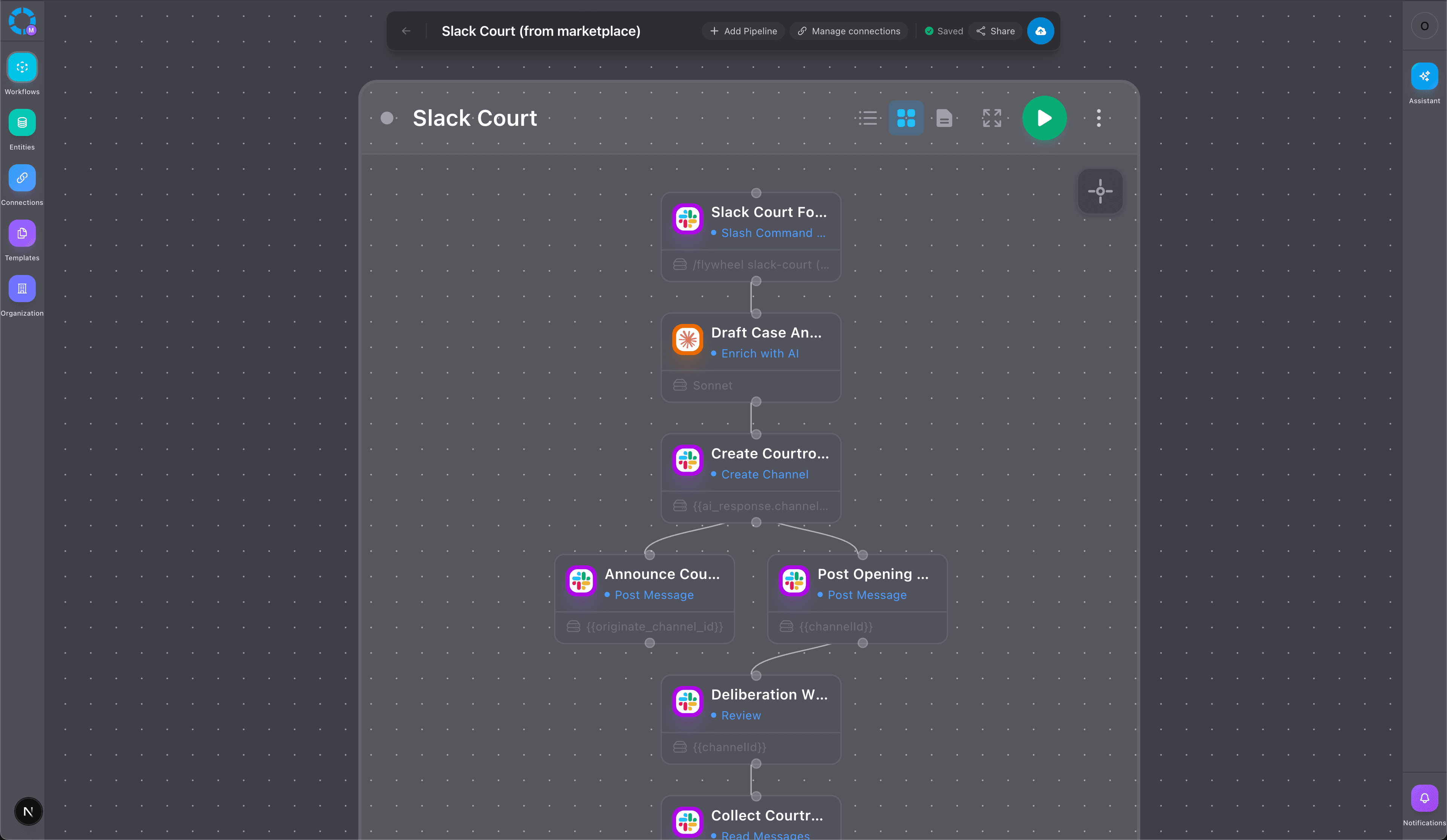 The Slack Court workflow on the Flywheel canvas: a slash command trigger feeding an AI draft step, channel creation, parallel posts, a review gate, and message collection