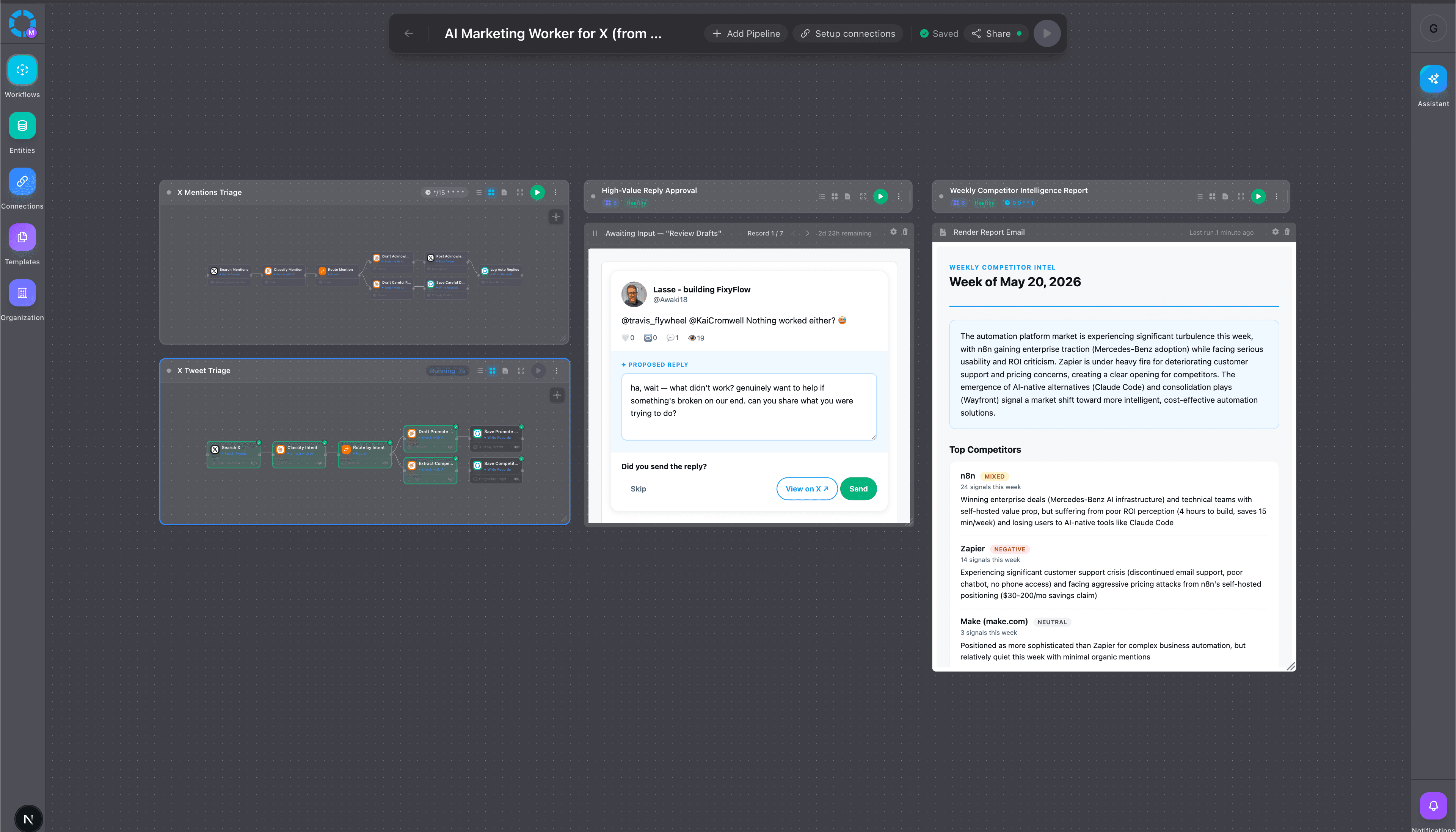 Drafted reply preview with approve and deny controls beside the original tweet